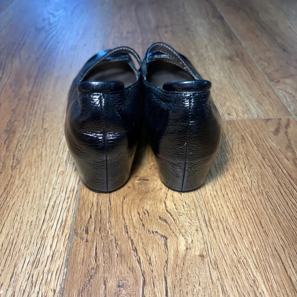 Josef Seibel Black Patent Leather Crisscross Mary Jane Wedge Shoes US 7.5 /EU 38